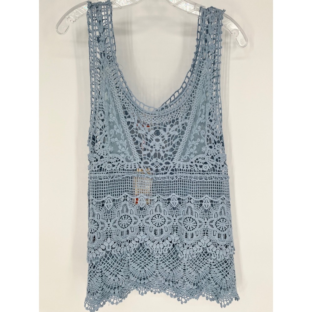 NOELLE Crochet Tank Top S/M Periwinkle Blue Sleeveless Boho Scalloped Hem NWT